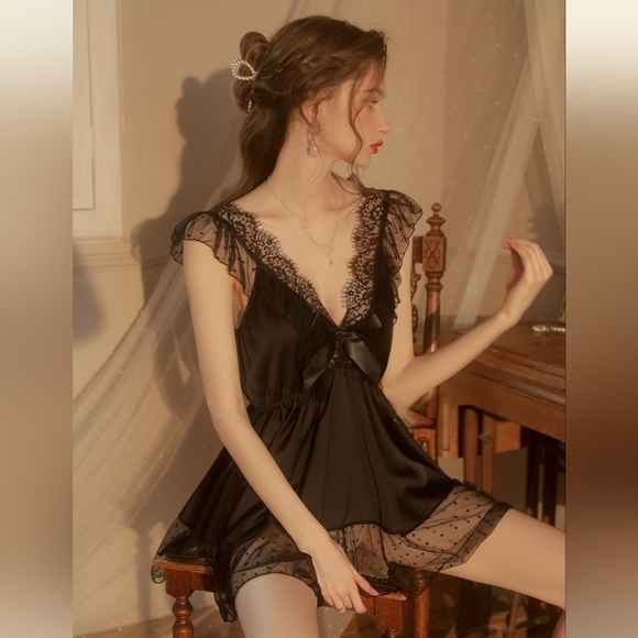 French Lace Sexy Gauzy Pyjama + G-string, size S-XL - Picture 7 of 8